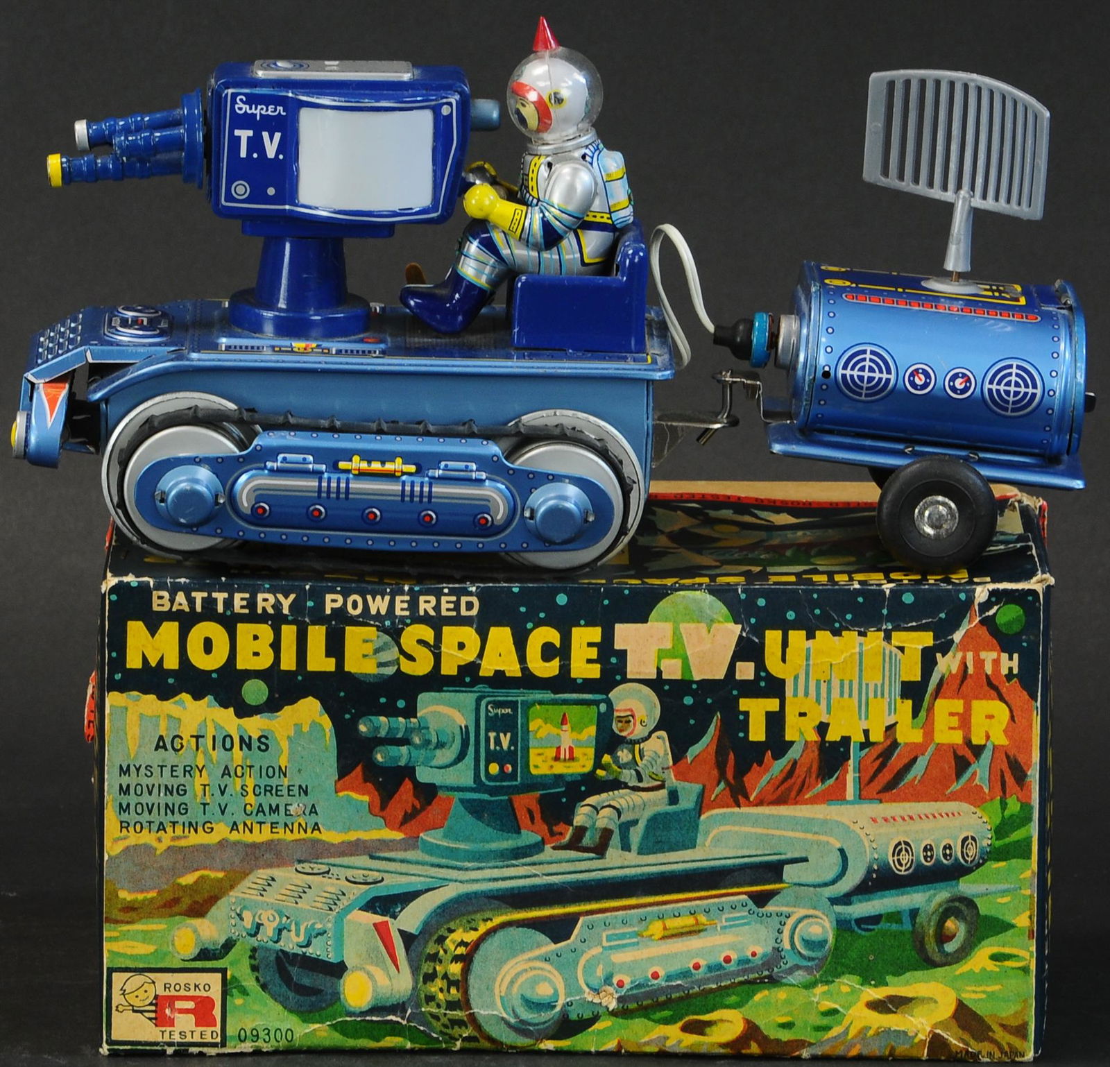 363. BOXED ROSKO JAPAN MOBILE SPACE TV UNIT |: 363. BOXED ROSKO JAPAN MOBILE SPACE TV UNIT | Battery-operated, on/off lever activation allows cameraman's recorded footage to be displayed on lighted screens on each side of camera, unit moves in an