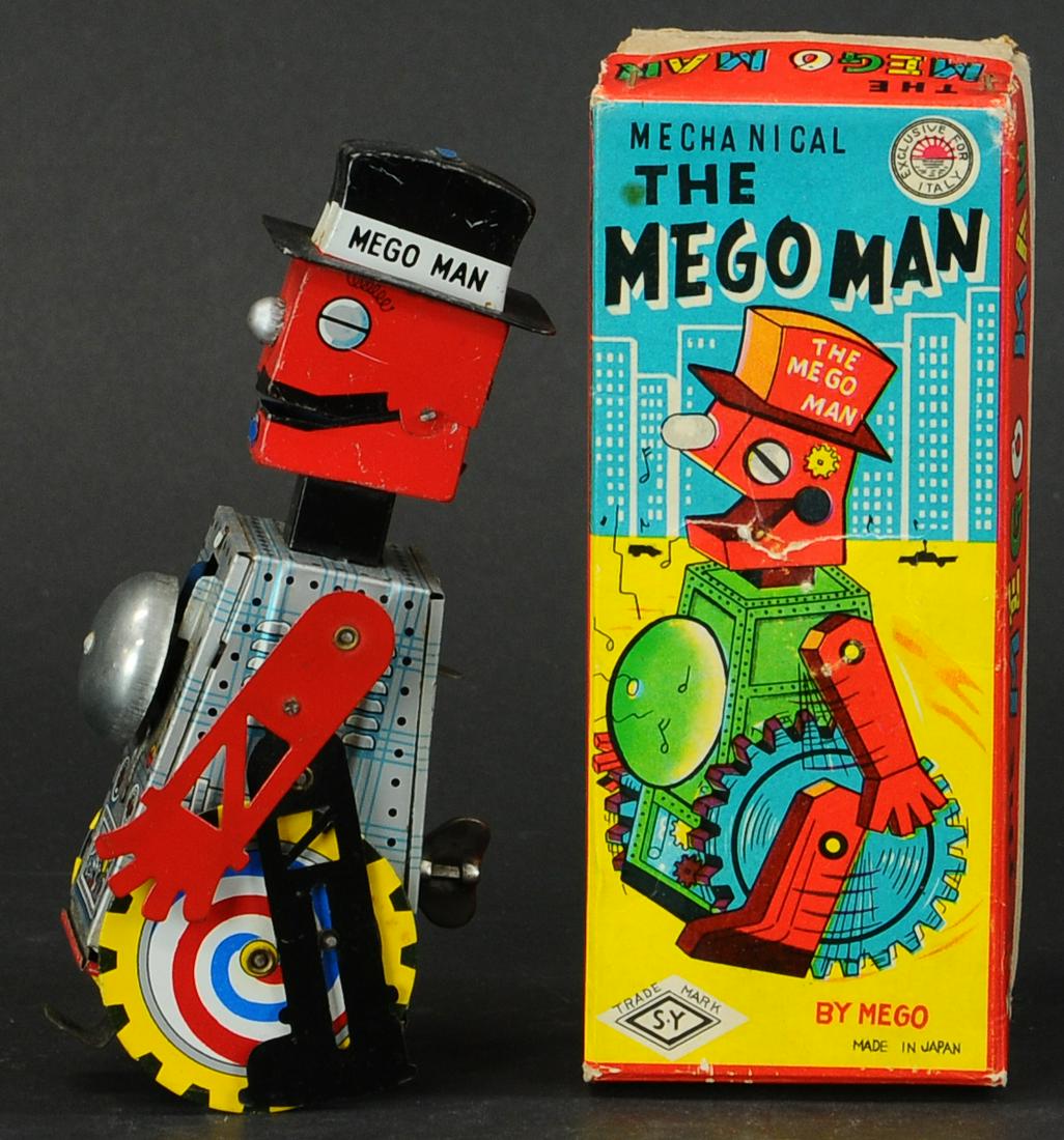 370. BOXED YONEYA THE MEGO MAN ROBOT | Wind-up, on/off: 370. BOXED YONEYA THE MEGO MAN ROBOT | Wind-up, on/off lever at rear causes robot to roll/walk forward as bell chimes and his jaw opens and closes. NOTE: Bertoia Auctions has identified and listed any