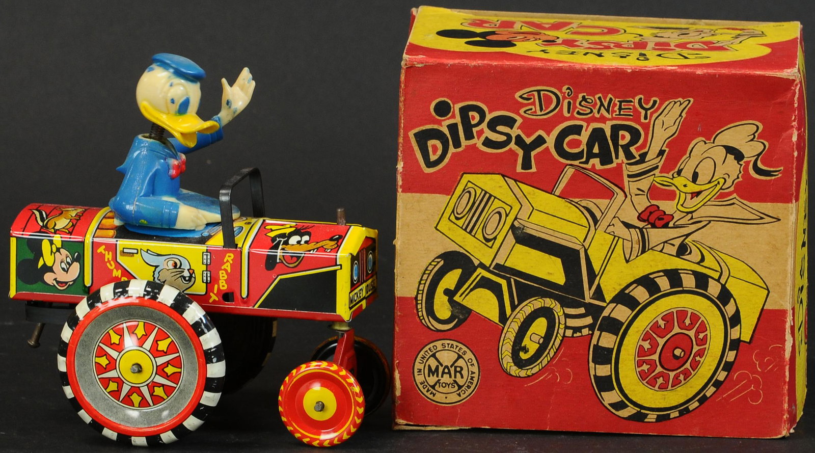 244. BOXED MARX DONALD DUCK DIPSY CAR | Wind-up causes (1 of 6)