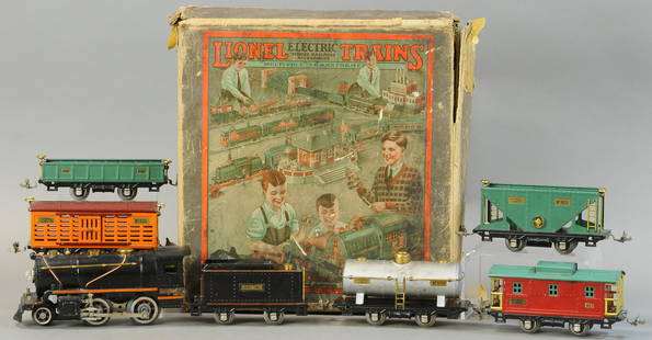 LIONEL OUTFIT NO.233 FREIGHT SET: 7. LIONEL OUTFIT NO.233 FREIGHT SET | 0 Gauge. | Provenance: Paul Cole Collection. | Loco 8.5" l. | Box lid torn at corner seams and distressed overall, in (Exc. Cond.) | $200 - $400