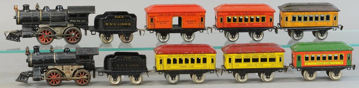 TWO IVES ELECTRIC PASSENGER SETS: 10. TWO IVES ELECTRIC PASSENGER SETS | 0 Gauge. | Provenance: Paul Cole Collection. | Loco 7" l. | Two car roofs possibly repainted, one repro tender, other tender mostly repainted, overall in (VG