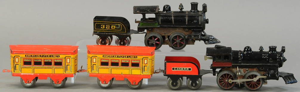 METZEL LOCO AND FLYER SET WITH C&NWRR TENDER: 21. METZEL LOCO AND FLYER SET WITH C&NWRR TENDER | 0 Gauge. | Provenance: Paul Cole Collection. | Loco 6.5" l. | #328 tender missing coupler, Mutzel loco missing tender coupler pin and side rods,