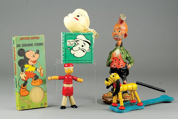 COMIC CHARACTER TOY LOT: Includes an assortment of items relating to comic figures, Orphan Annie flex doll, Pluto hand toy, Popeye boxed soap, Happy Hooligan chalk figure and Mickey Mouse boxed straws. 5 1/2" to 9"l.