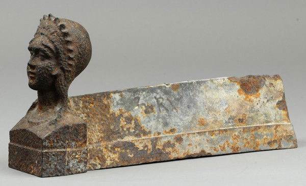 CAST IRON BOOT SCRAPER: Woman's bust figural, triangular rod used for cleaning boots in front of store or house. 12 1/2" l.
