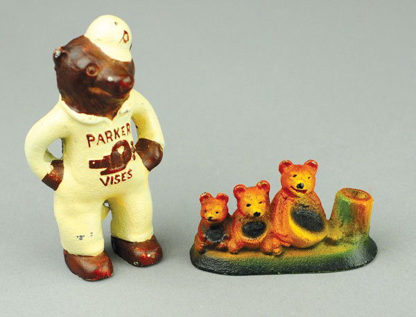 LOT OF TWO BEAR PAPERWEIGHTS: Includes "Parker Vises" advertising standing bear and three cub bears on base with three stump pencil holder. 2 1/2" l. x 3 1/2" h.