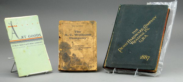 LOT OF THREE EARLY GOODS MANUFACTURERS BOOKS: Includes 1937 Hubley Art Goods catalog, many doorstops pictured, A.C. Williams and 1887 Pennsylvania Hardware Co. Reading Pa. book.