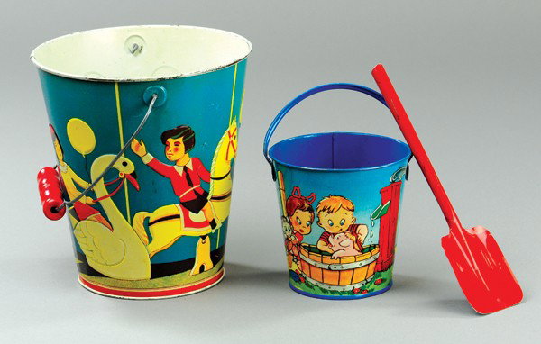 LOT OF TWO SAND PAILS: Both done in lithographed tin, one depicts children on carousel ride and smaller features children washing pig, made by Cohn. 4 1/2" to 7 1/2" h.