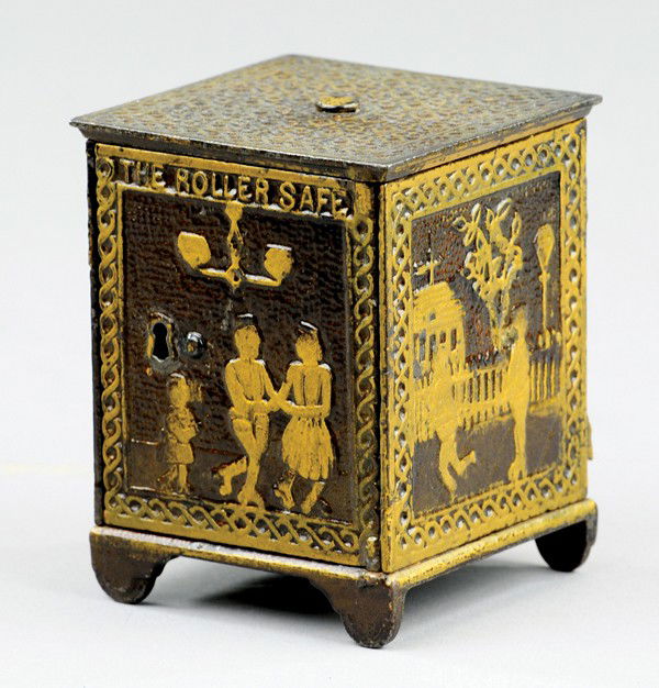 THE "ROLLER SAFE" STILL BANK: Kyser & Rex, c. 1882, cast iron, japanned finish with gold highlights, amusing embossing on all sides, people depicted on roller skates, key lock door. 3 11/16" h.