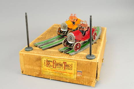 LIONEL NO. 84 BOXED RACING AUTOMOBILE SET: Features orange No. 9 and red No. 8 electric powered racers with composition drivers, includes metal track, fine condition is very unusual to find in this set, very clean autos. Autos 8" l.