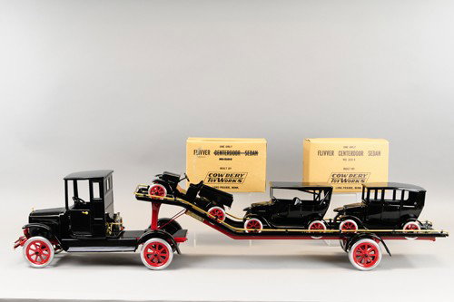 BUDDY 'L' AUTO TRANSPORT TRUCK: Contemporary, created from original and remanufactured parts designed to carry Buddy 'L' Flivvers, great display piece, includes Cowdery boxed center door, Cowdery boxed touring car and restored dump 