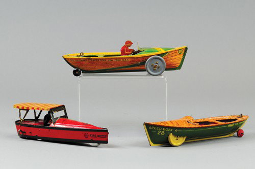 LOT OF THREE BOAT TOYS: All lithographed tin examples, includes Strauss "Miami Sea Sled," "Speedboat 28," and a Marx "Fire Water" speed boat. 9" to 9 1/2" l.
