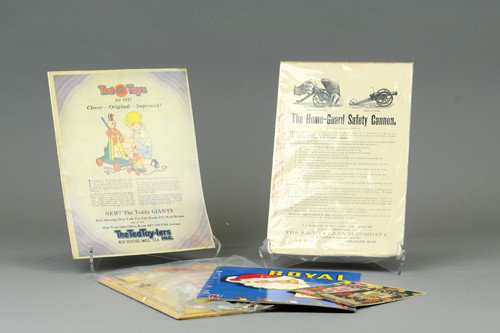 LOT OF TOY CATALOGS: Grouping includes Toy Tinkers pamphlets, Home Guard Safety Cannon flyer, Ted Toys catalog and ephemera from Metal Cast Products Co.