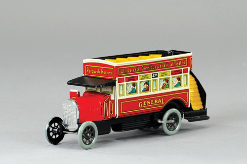 PAYA DOUBLE DECKER BUS: Spain, contemporary edition, lithographed tin, features great passenger graphics on body, rear stairs and upper deck seating, key wind driven. 8 1/2" l.
