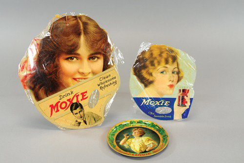 MOXIE AD LOT: Includes tin litho tip tray and two paper fans, each with girl's face on front. 6" to 12".