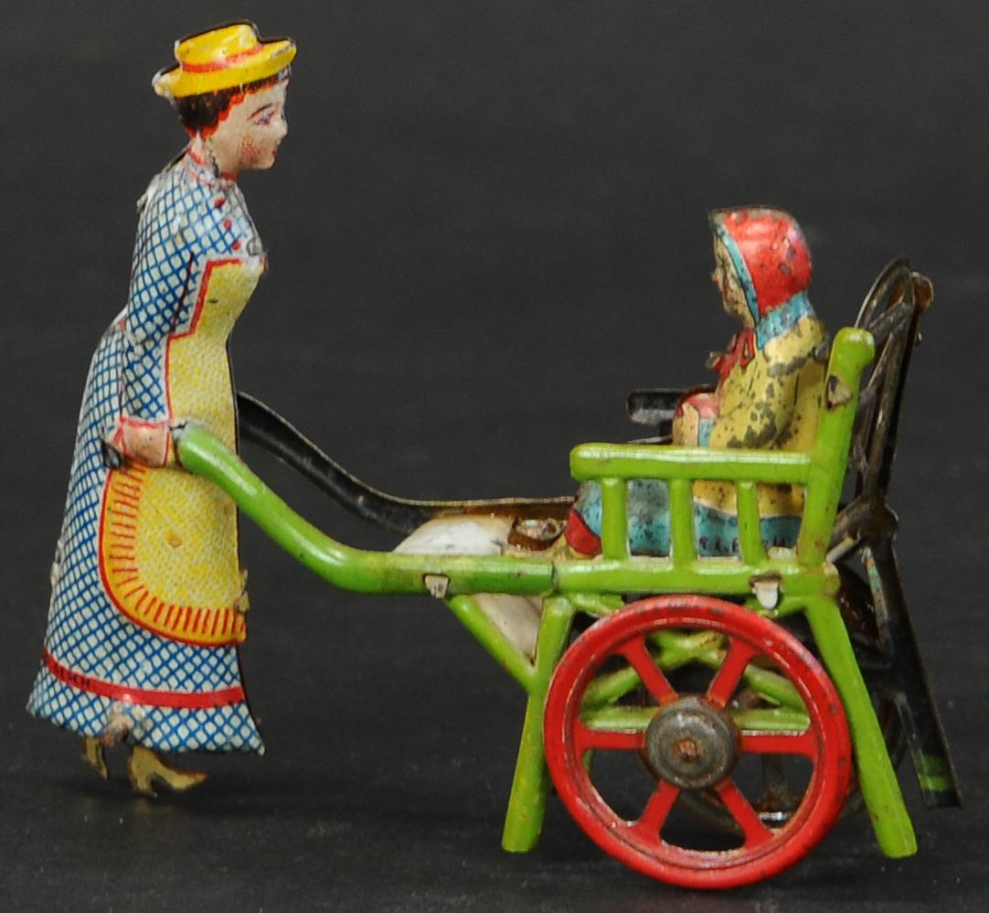 MEIER NANNY PUSHING STROLLER PENNY TOY: 1162. MEIER NANNY PUSHING STROLLER PENNY TOY | 3.5" l. | (Exc. Cond.) | $200 - $400