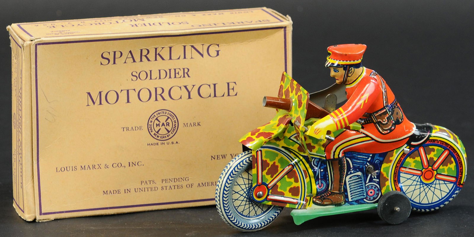 BOXED MARX SPARKLING SOLDIER MOTORCYCLE (1 of 6)