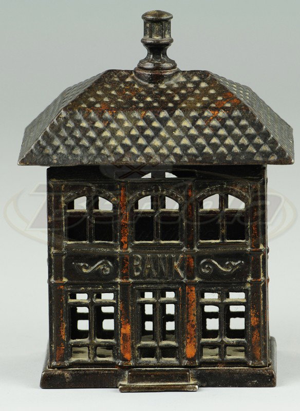 FINIAL STILL BANK: Kyser & Rex, c. 1887, cast iron, nice molding, detail to full window openings, bronze highlights. 5 3/4" h.