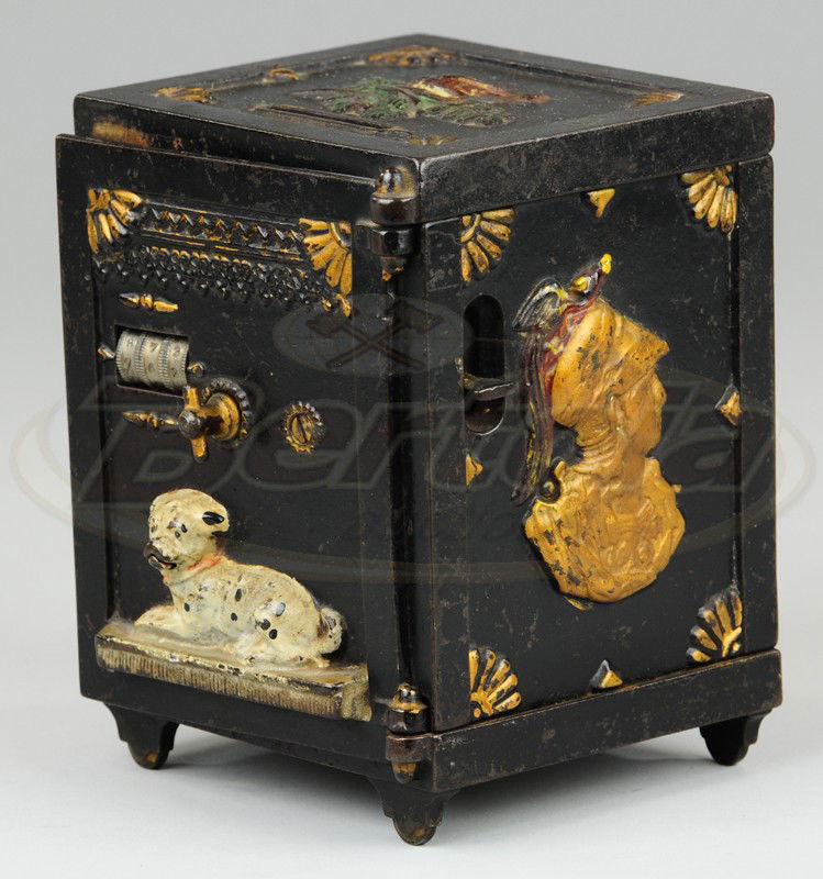 WATCHDOG SAFE STILL BANK: J&E Stevens, c. 1890, cast iron, painted in black with embossed dog on front door, combination is 2-1-7, bellows emit sound. 6" h x 4 1/2" w.