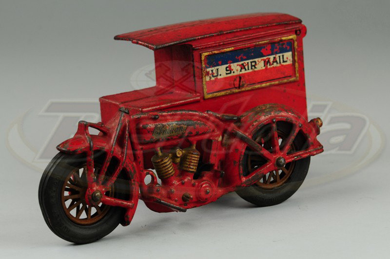 HUBLEY "U.S. AIR MAIL" CYCLE: Cast iron, painted in red overall, Indian two cylinder cycle with box van sidecar, opening rear door, side decals, rubber tires, spoke wheels. 9 1/4" l.