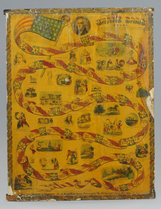 EARLY "SNAKE" GAME: Fisher & Brother, Philadelphia, paper litho board on wood backing, depicts 34 American star flag, extensive graphic images overall, a scarce board example. Some loss to paper, varnished surface darken