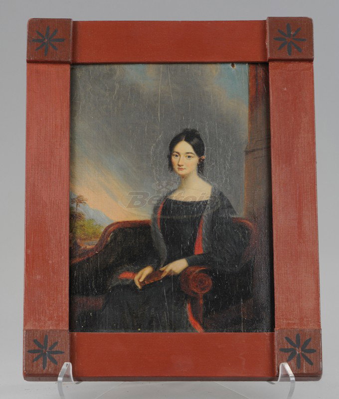 OIL PAINTING PORTRAIT ON WOOD: Age and artist not confirmed, depicts nobelesque woman seated at couch, very well done and great attention to facial detail, box frame has corner decor. 7" x 10".