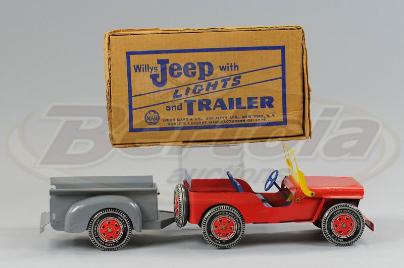 MARX BOXED JEEP AND TRAILER: Pressed steel, bright colors, advertised with lights, open jeep, grey trailer body, nice lithographed tin. 22 1/2" l.