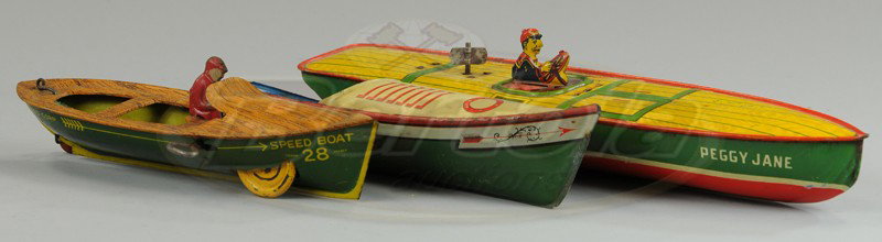 LOT OF THREE TIN LITHOGRAPHED SPEED BOATS: Includes: Strauss Speed Boat #28, Chein Peggy Jane, and the Emma open speed boat, two are key wind. 10" to 14" l.