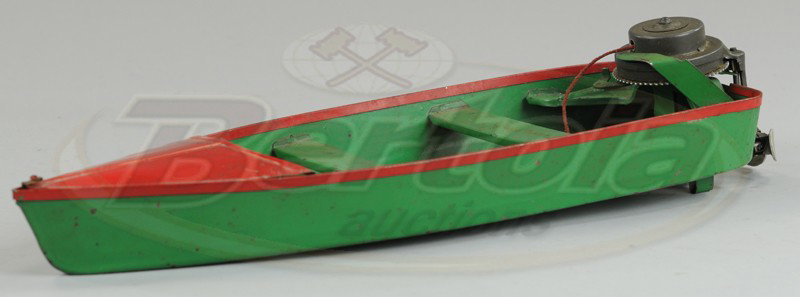 ROWBOAT WITH MOTOR: Pressed steel, done in green with red deck, geared motor on rear, bench seating. 13 1/2" l.