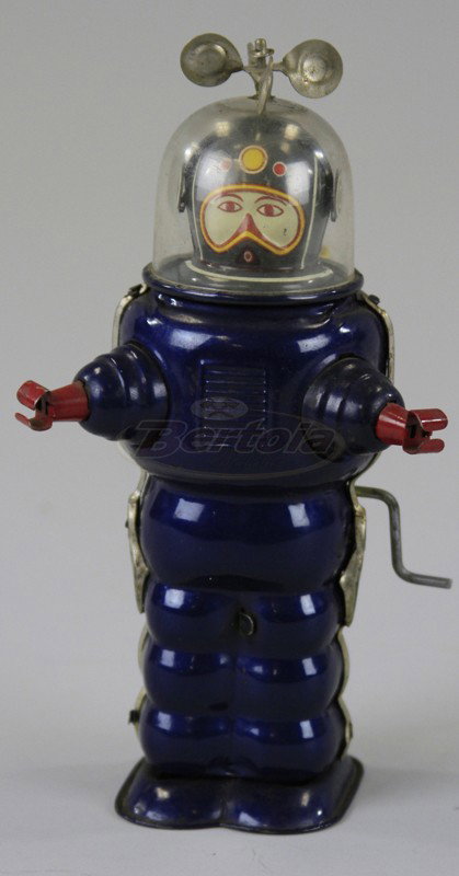 X-2 ROBOT: Japan, blue lithographed tin body with clean head dome and attached antenna, key wind operates walking motions and spinning antenna, lever on side. 7 " h.