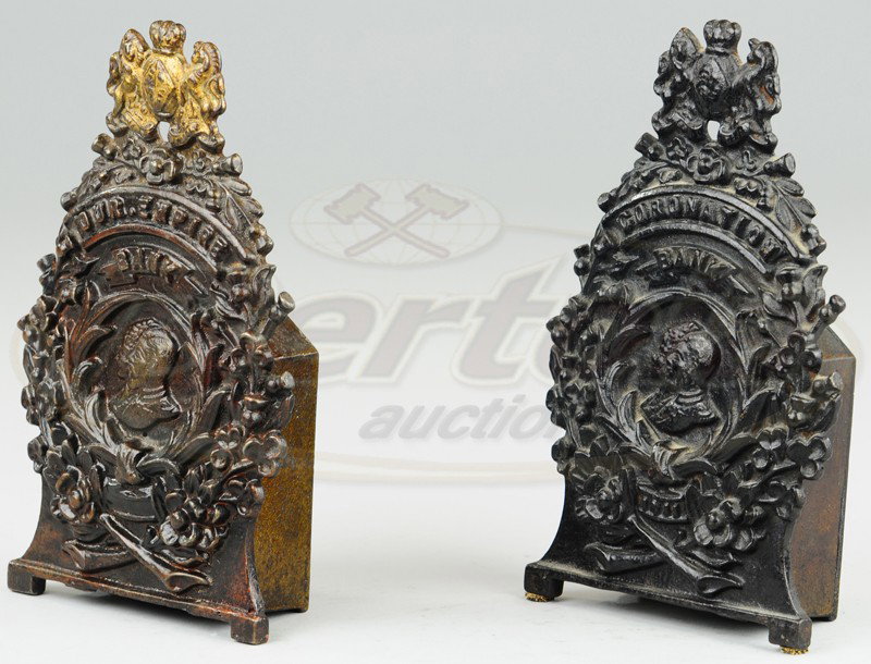 CORONATION AND OUR EMPIRE STILL BANKS: Sydenham & McOustra, England, both cast iron, well detailed molding, bust of George V on front. 6 5/8" h.