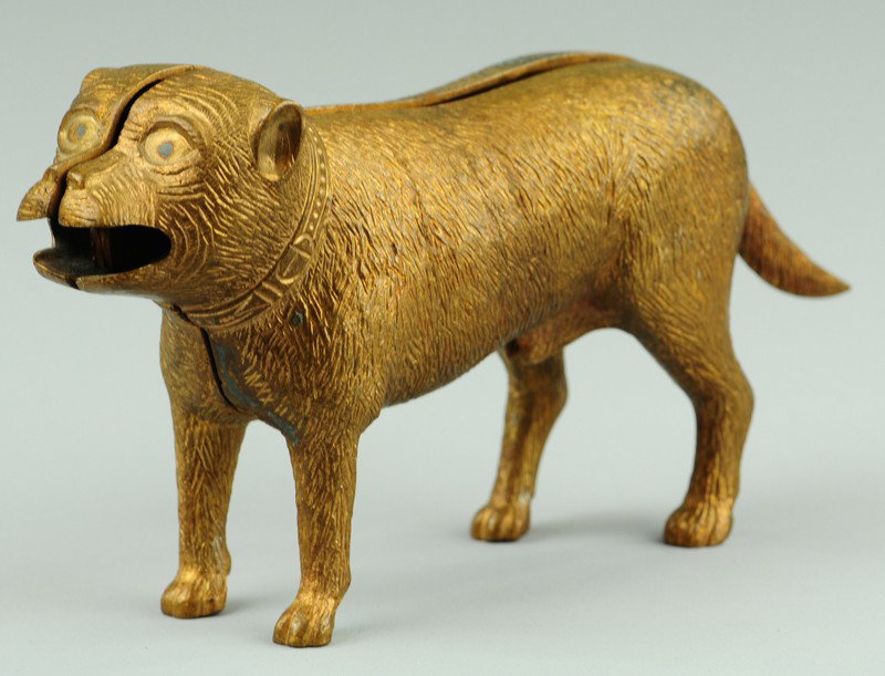 STANDING BULL DOG MECHANICAL BANK: Bank Brass Pattern - Judd Mfg. Co., complete with working tail and tongue, early 1880's example used by factory pattern shop, a four piece pattern.