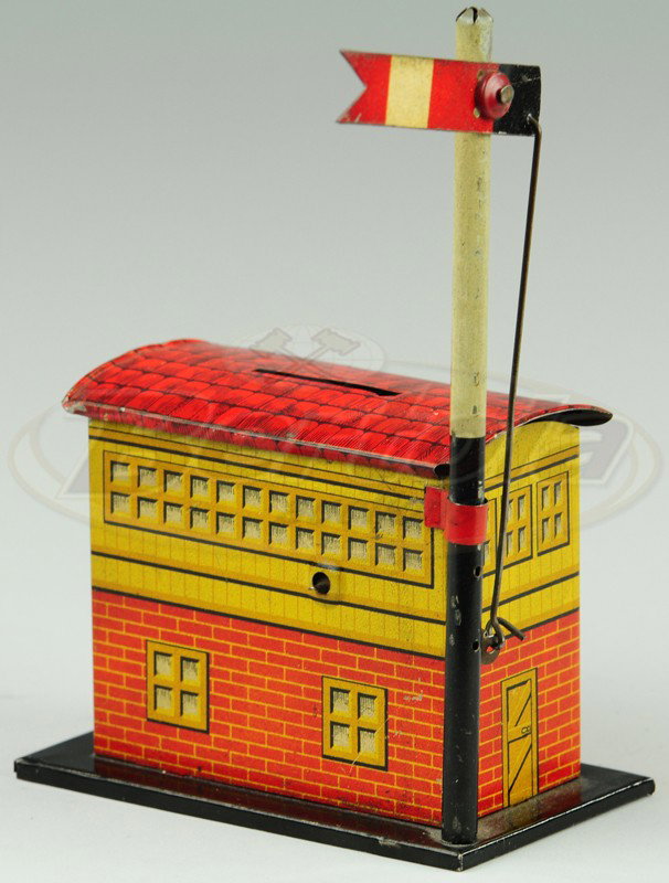 SIGNAL MECHANICAL BANK: Distler, Germany, lithographed tin, small building with coin slot in roof, when coin is deposited, flag drops down and then swings back up.