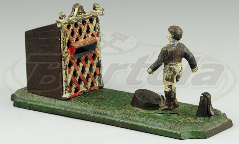 FOOTBALL MECHANICAL BANK: John Harper & Co. Ltd., registered 1/7/1895. Rest a coin on the platform in front of the player's foot. Press the lever and he kicks the coin into the goal net. To reset, cock the right leg into posit