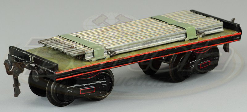 MARKLIN GAUGE I RAIL CAR: Interesting car piece, carries track on flat car, hand painted with some touch up to paint. 9 1/4" l.