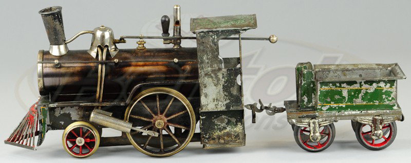 SCHOENNER AMERICAN OUTLINE GAUGE II LOCO & TENDER: Steam locomotive, hand painted with steel boiler, complete with gauges, four wheel tender. 15 1/2" l.