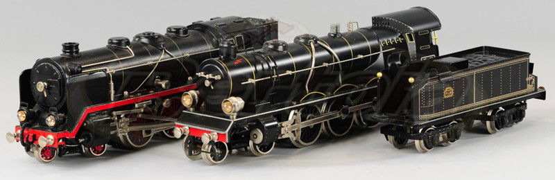 COMTEMPORARY LOCOMOTIVES: Finely crafted, unmarked 4-6-4 electric examples, appear to be modeled from Marklin, done in black, intregal tender with coal box, impressive scale. 13" l.