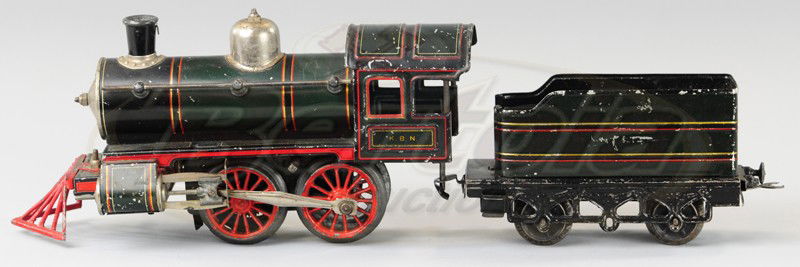 KARL BUB GAUGE I LOCO & TENDER SET: Lithographed tin, done in green, loco 0-4-0 with tender, red catcher, electric model.