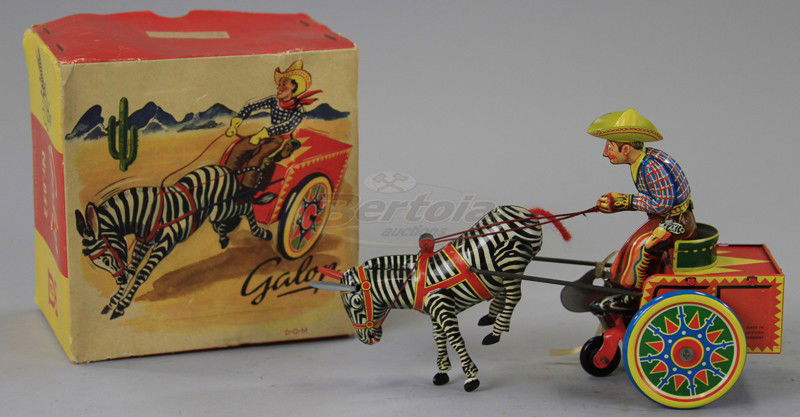 LEHMANN BOXED "GALOP": Germany, lithographed tin, driver seated on open seat cart pulled by zebra, clockwork action. 7 1/4" l.