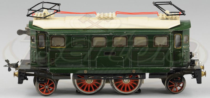 KARL BUB O GAUGE, 2-4-2: O gauge, 2-4-2 electric outline, done in green body, white roof, dual pantographs very detailed roof appointments. 9 3/4" l.