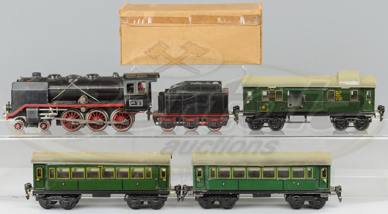 MARKLIN 66/12920 ENGINE AND THREE CARS: Includes O gauge 4-6-0 electric engine and tender, together with 17540 baggage car, and two passenger cars, all in green litho bodies, olive green roofs. Cars 9" l.