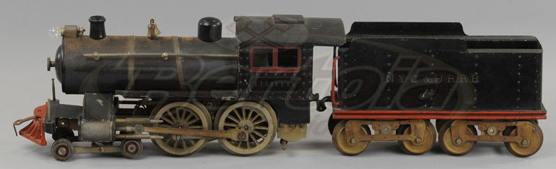 LIONEL No. 6 LOCOMOTIVE AND TENDER: Standard gauge, 4-4-0 locomotive stamped, NYC HRRR on sides of cab and tender, red window trim, early example. 21" overall length.