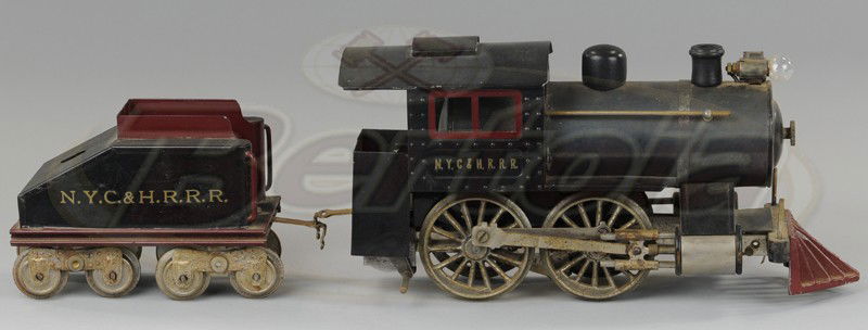 LIONEL STANDARD GAUGE No. 5 LOCOMOTIVE: 0-4-0 steel cab, stamped NYC & HRRR on cab, includes tender, both restored TGA tag on base. 16 1/2" overall length.