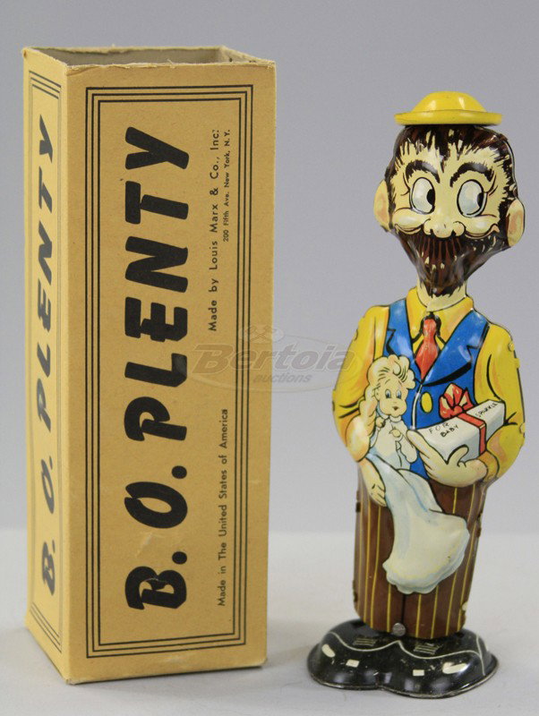 B.O. PLENTY: Louis Marx, lithographed tin, comical depiction of character able to tip hat when clockwork is activated, includes box. 9" h.