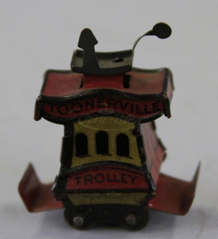 TOONERVILLE CRACKER JACK TROLLEY PENNY TOY: Copy. Fontaine Fox, lithographed tin, Cracker Jack version of popular toy, sits on wheeled base. 1 3/4" l.