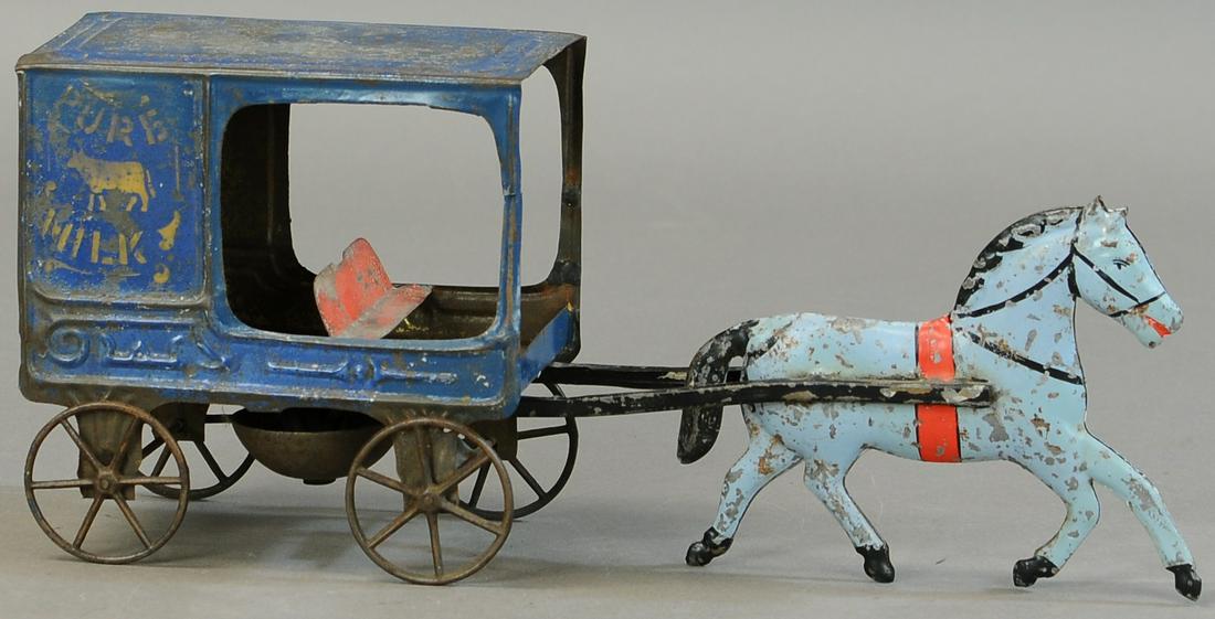 FALLOWS PURE MILK HORSE WAGON: 271. FALLOWS PURE MILK HORSE WAGON | 14" l. | Touch-ups in areas of horse, splits and touch-up to cart posts, minor touch-up to cart edges, (VG Cond.) | $350 - $700