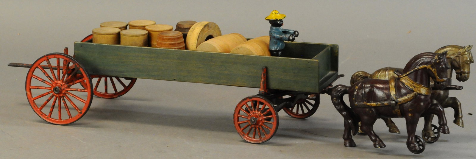 SHIMER PLANTATION WAGON: 320. SHIMER PLANTATION WAGON | 25" l. | Wood cart & figure added, clear lacquer applied throughout toy, otherwise in (Exc. Cond.) | $300 - $600