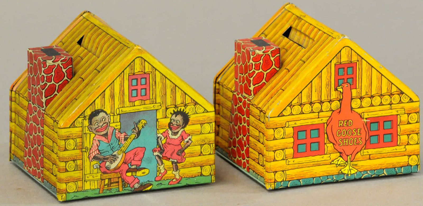 TWO CHEIN LOG CABIN BANKS (1 of 3)