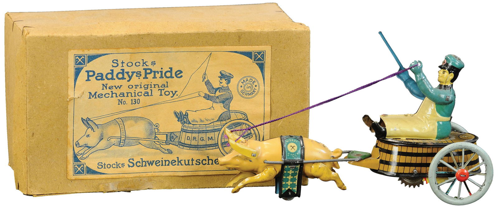 BOXED STOCK PADDY'S PRIDE BUTCHER CART: 25. BOXED STOCK PADDY'S PRIDE BUTCHER CART | A nice crisp boxed example in unplayed with condition. | 8" l. | Tear to one seam, toy in (Excellent to Pristine Condition) | $1,200 - $1,800