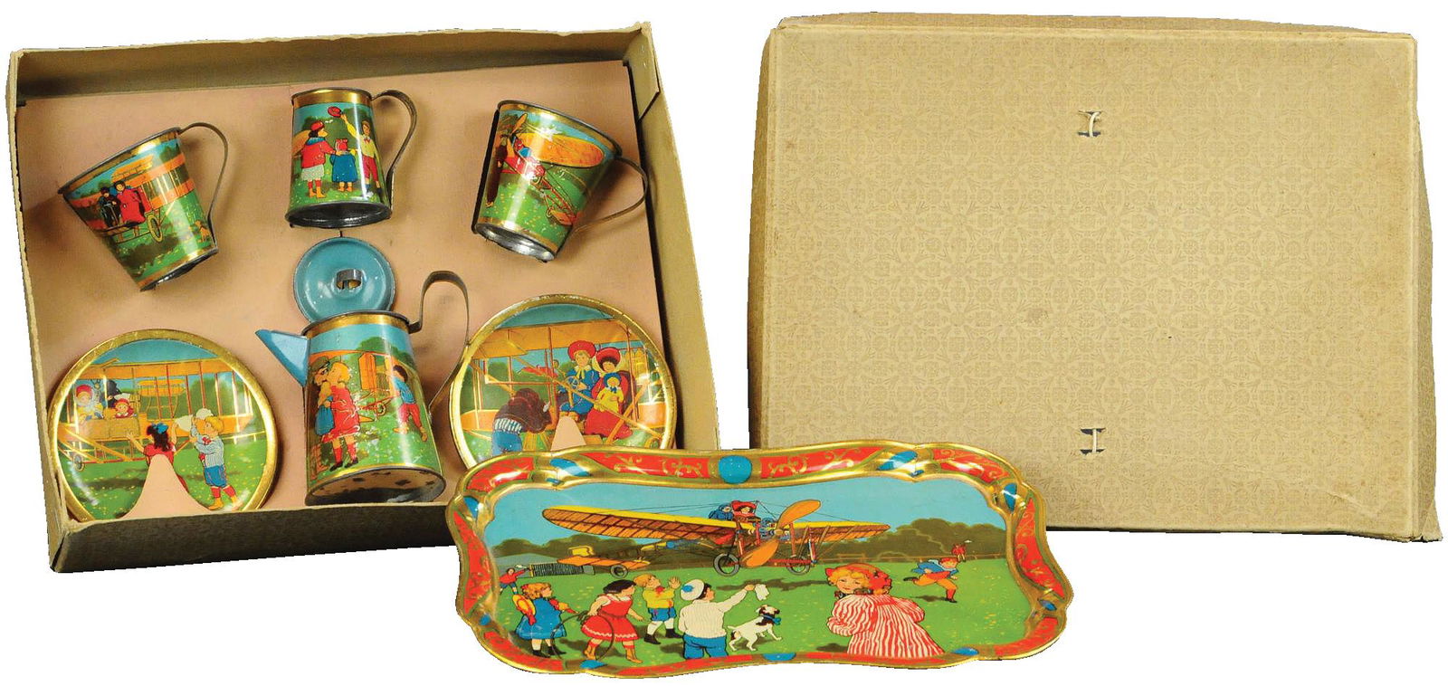 BOXED EARLY TIN AIRSHIP THEME TEA SET (1 of 4)