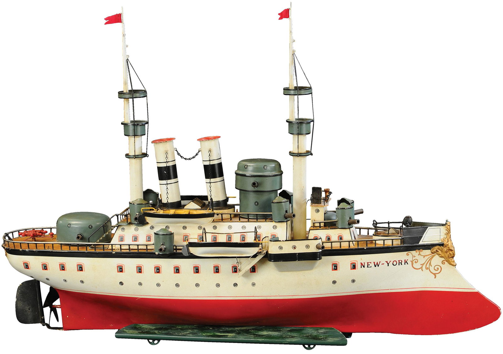 LARGE MARKLIN BATTLESHIP NEW YORK: 138. LARGE MARKLIN BATTLESHIP NEW YORK | Large scale warship made by famed Marklin company of Germany, exceptional detail of multi-tier decking with handrails, cannons and gun turrets, and an intimida